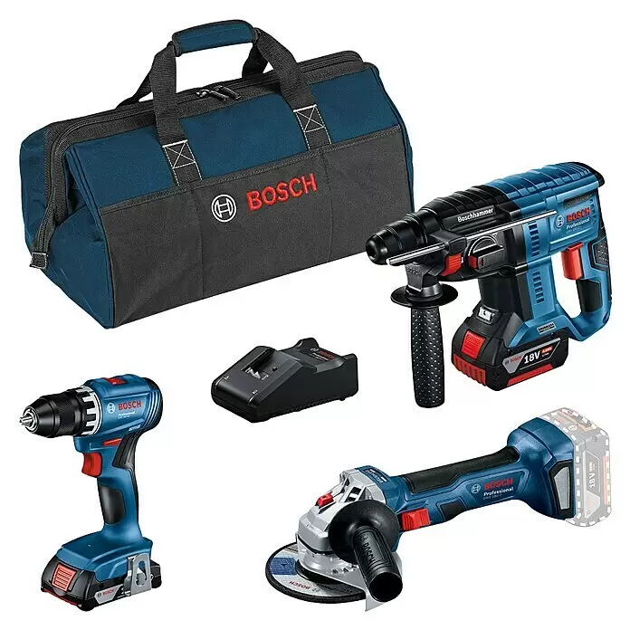 Bosch Akku-Werkzeugset: GSR 18V-45, GBH 18V-21, GWS 18V-7 + Akkus & Zubehör Bosch Akku-Werkzeugset: GSR 18V-45, GBH 18V-21, GWS 18V-7 + Akkus & Zubehör
