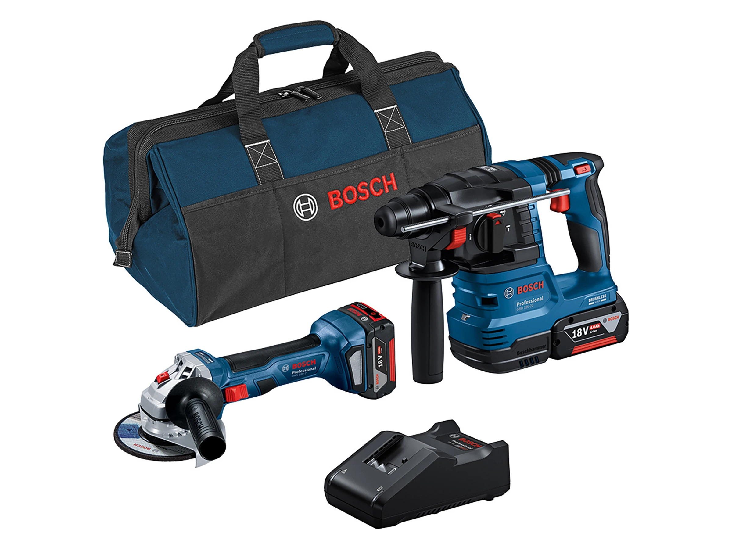 Bosch Professional Combi-Kit GWS 18V-7 & GBH 18V-22 mit Akkus, Ladegerät, Tasche