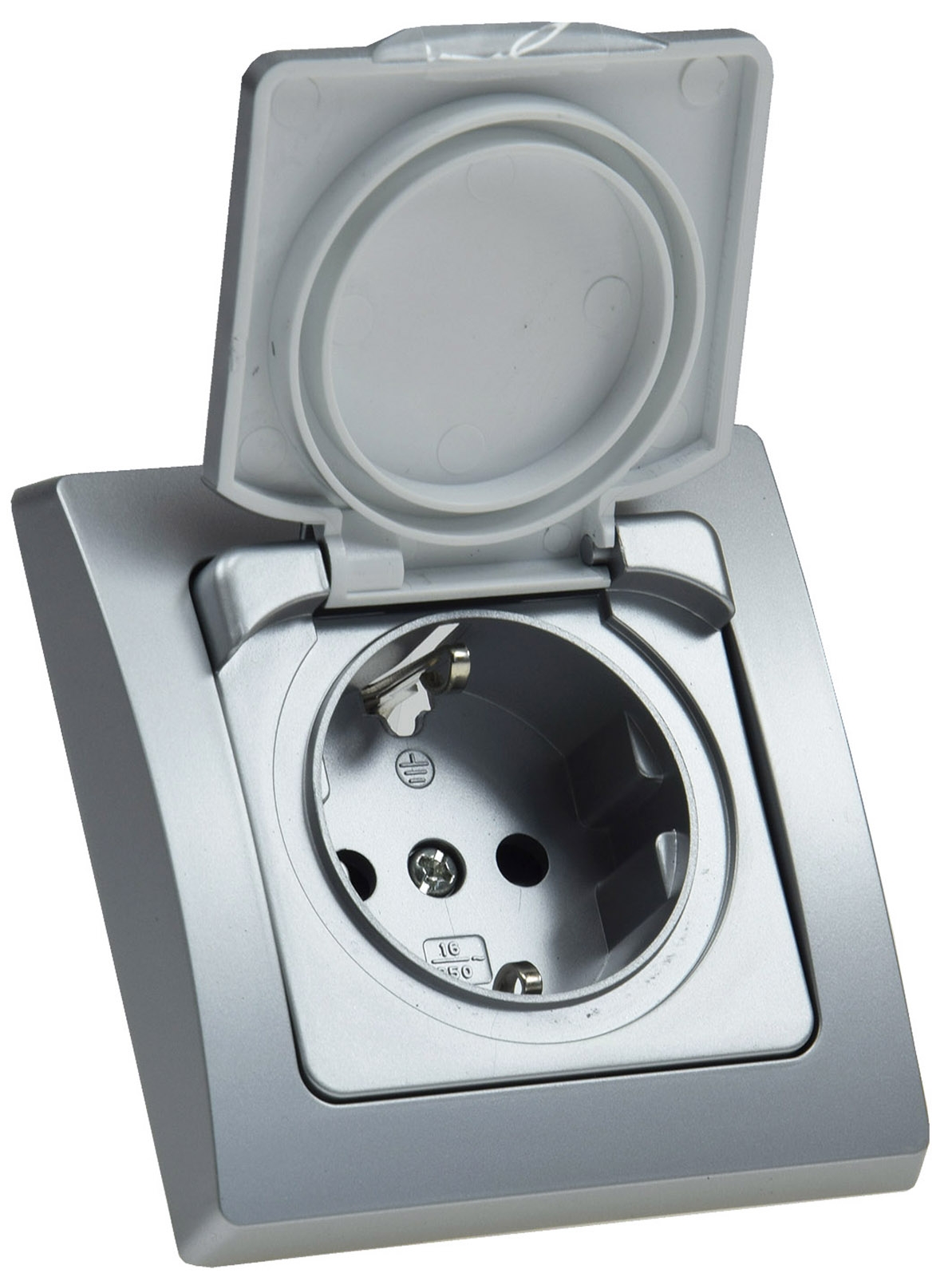 Chilitec DELPHI Schutzkontakt-Steckdose IP44 250V~/ 16A, inkl. Rahmen, UP, silber/weiß Chilitec DELPHI Schutzkontakt-Steckdose IP44 250V~/ 16A, inkl. Rahmen, UP, silber/weiß
